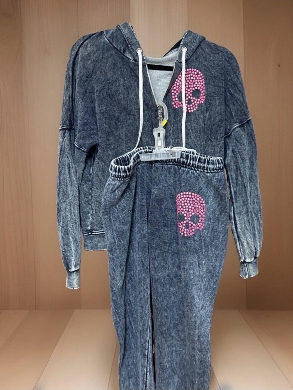 Lauren Moshi Acid washed hoodie xs and pants s with pink Rhinestone skull YTK